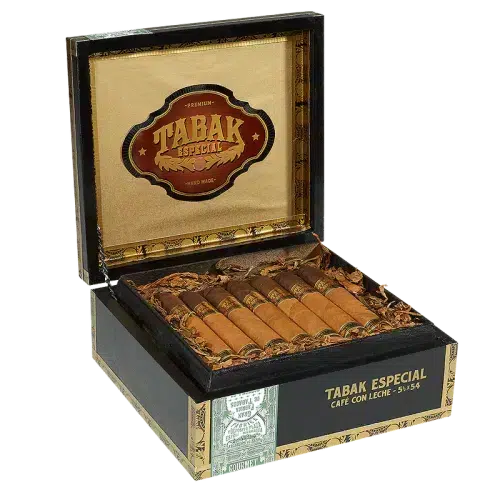 a box of Drew Estate Tabak Especial cafe con leche cigars