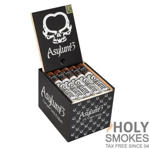 a open box of Asylum 13 cigars, with the Holy Smokes Cigars Logo at the bottom right corner.