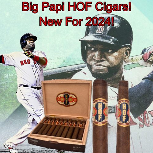 Big Papi holding a baseball bat and a box David Ortiz of cigars