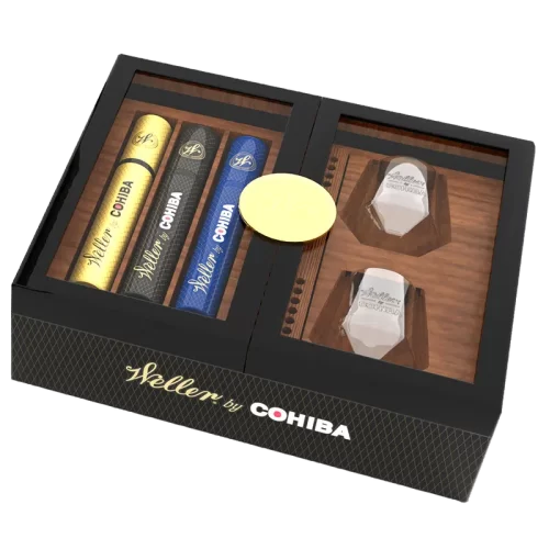 a Humidor with different Cohiba cigars in it with whiskey glasses